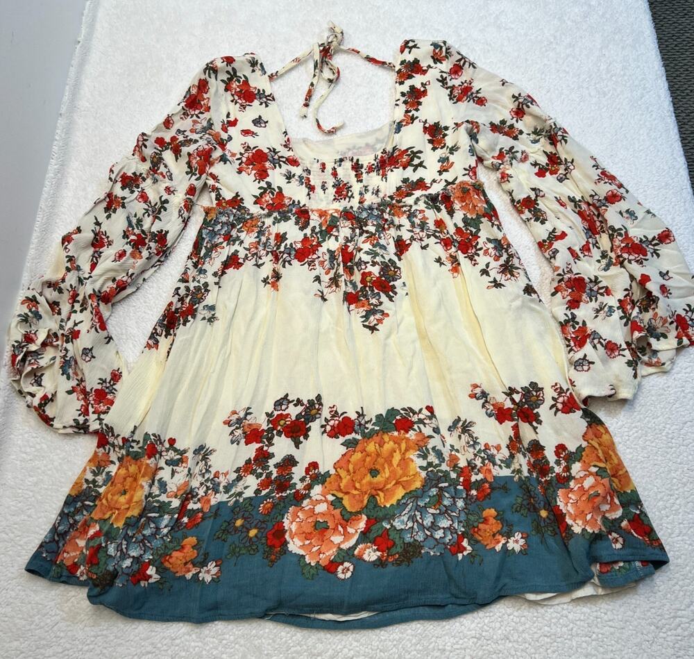 Free People Womens Dress Modern Chinoiserie Floral Bell Sleeve Multicolor, Sz XS